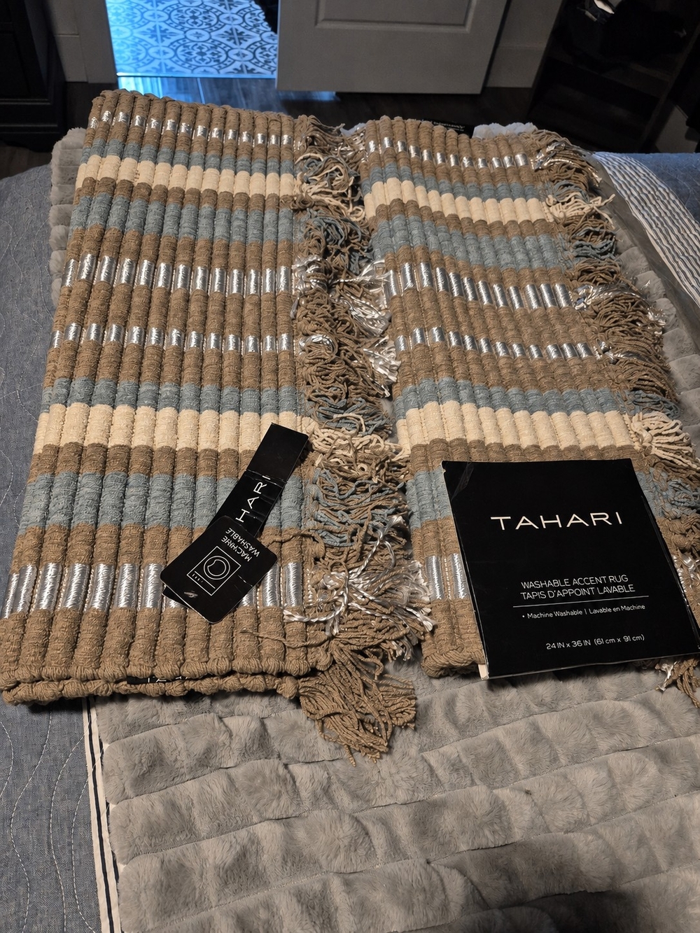 Tahari Blue, Tan & Cream Striped Accent Rug Pair with Metallic Thread